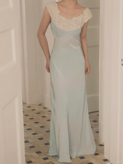 Vintage Baby Blue A Line Straps Lace Satin Long Prom Dress Evening Dress DP6460