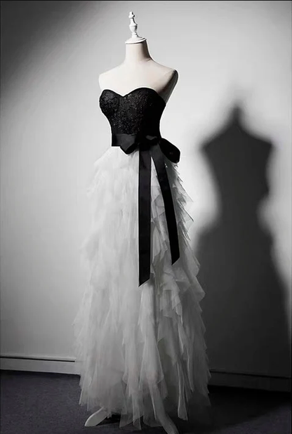 Gothic Black White Tulle Beaded Strapless Prom Dress Evening Dress DP452