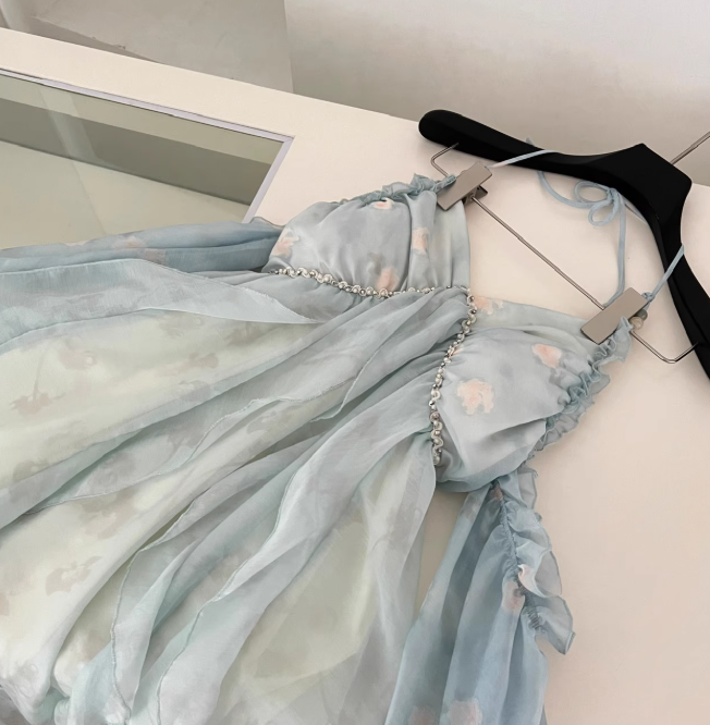 Flowy Blue A Line Halter Ruffle Chiffon Vacation Dress Homecoming Dress Outfits DP3546