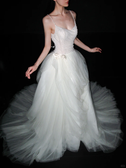 Pretty A Line Spaghetti Straps Pearl White Tulle Long Wedding Dress DP5798