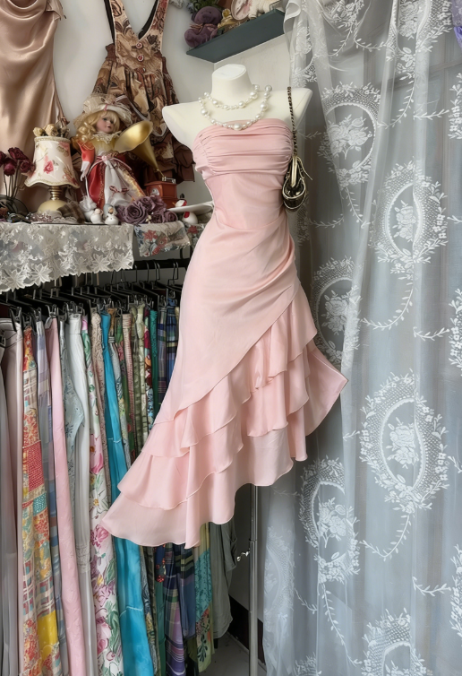 Vintage Mermaid Strapless Champagne Layered Satin Outfits Dress DP4855