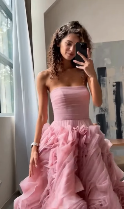 Classic Pink A Line Strapless Pleated Floral Tulle 16th Birthday Dress Prom Dress Formal Dress DP3337