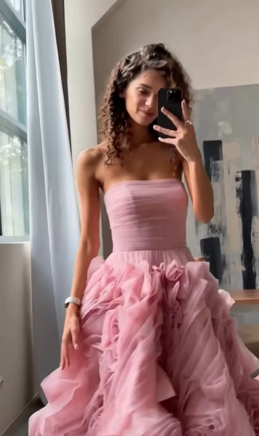 Classic Pink A Line Strapless Pleated Floral Tulle 16th Birthday Dress Prom Dress Formal Dress DP3337