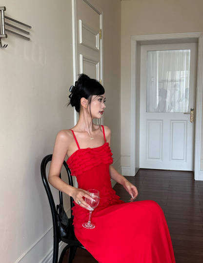 Charming Red A Line Spaghetti Strap Chiffon Prom Dress Date Dress Outfits DP3457
