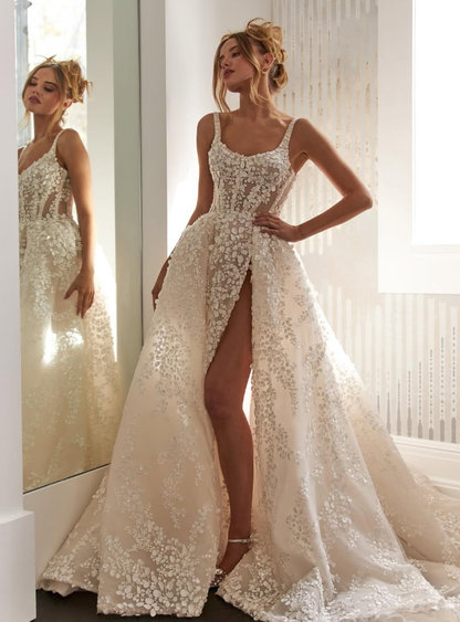 Romantic Ball Gown Spaghetti Strap 3D Floral Tulle Wedding Dress DP6071