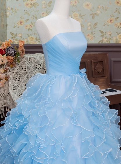 Blue Ball Gown Strapless Ruffle Layered Organza Prom Dress 16th Birthday Dress DP3564