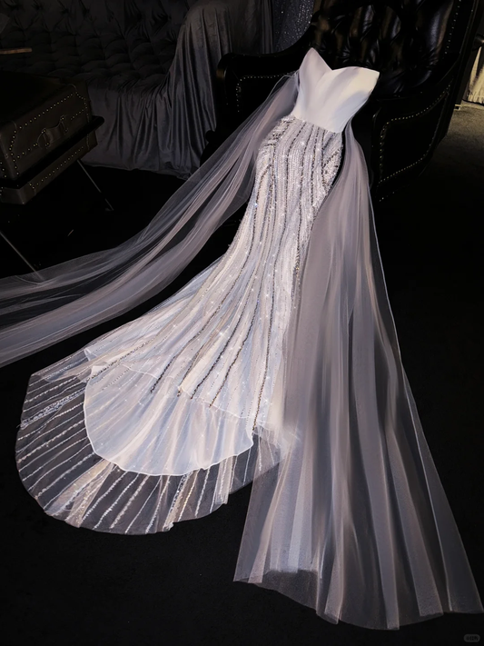 Pretty White Mermaid Sweetheart Neck Sequin Satin Tulle Party Dress Evening Dress DP2867