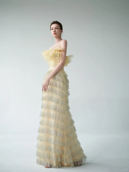 Yellow Sheath Strapless Layered Tulle Sequin Party Dress Prom Dress Formal Gown DP3726