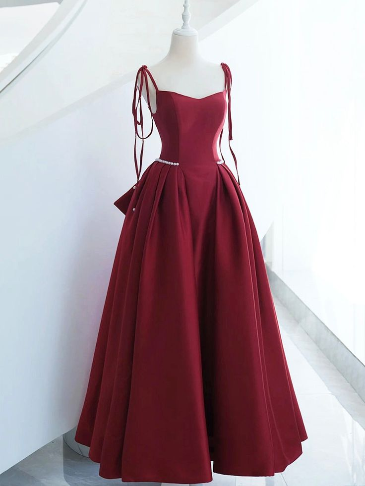 Burgundy Satin Long Prom Dress, A-Line Evening Dress With Bow  DP103