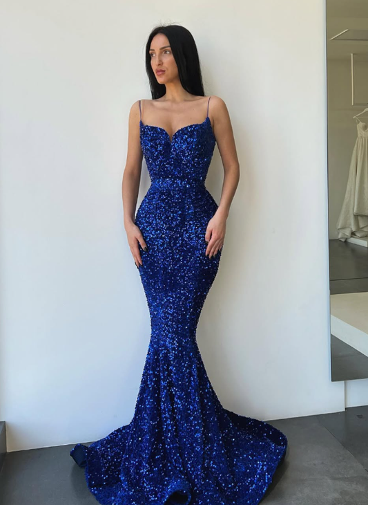 Royal Blue Mermaid Spaghetti Straps Sequin Long Prom Dress Evening Dress DP5196