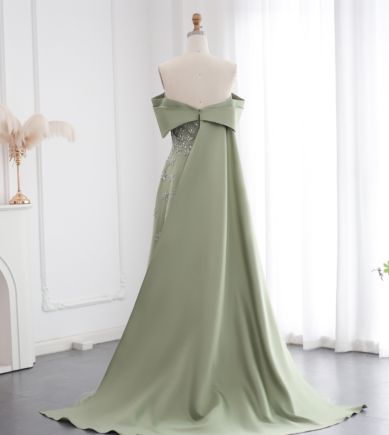 Elegant A Line Off the Shoulder Beaded Green Satin Prom Dress Evening Dress DP1904