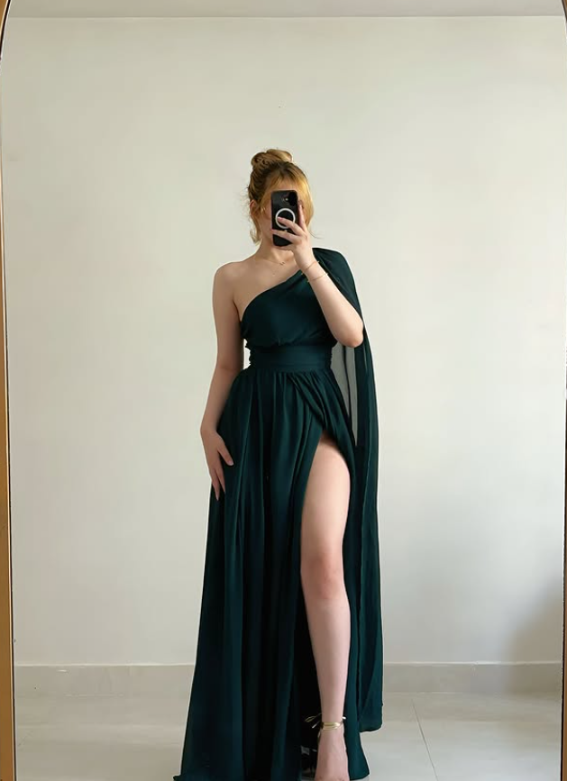 Vintage Dark Green A Line One Shoulder Chiffon Slit Prom Dress Evening Dress DP6413