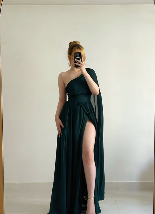 Vintage Dark Green A Line One Shoulder Chiffon Slit Prom Dress Evening Dress DP6413