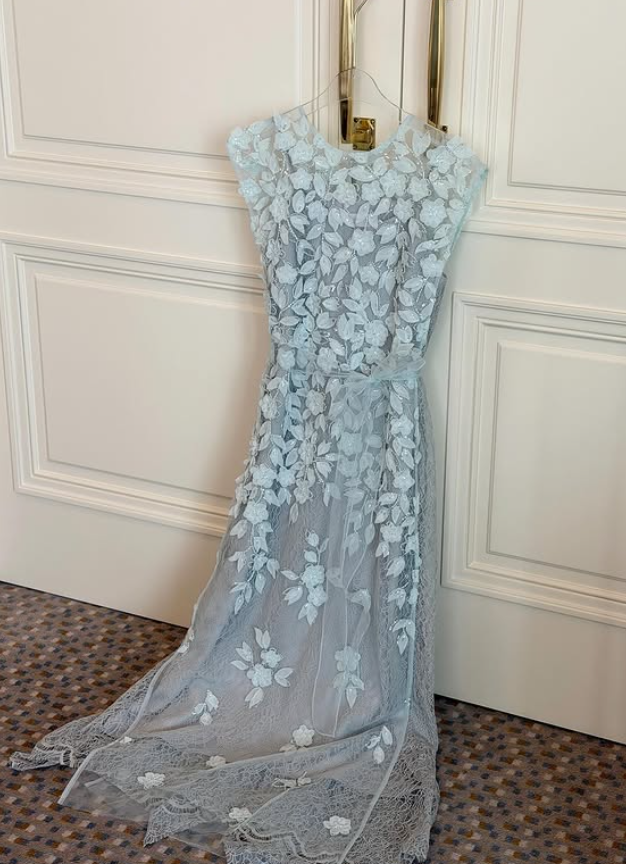 Baby Blue A Line Round Neck Lace Appliques Long Prom Dress Evening Dress DP5948