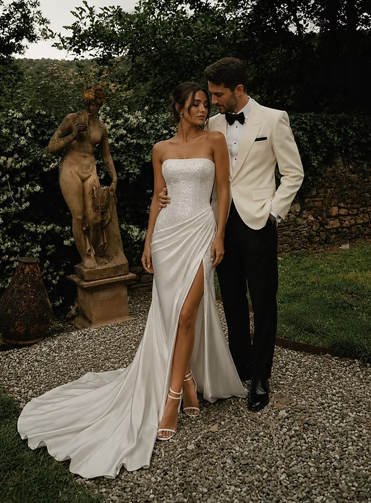 Shiny Sequin Mermaid Strapless White Satin Long Wedding Dress with Slit DP7987
