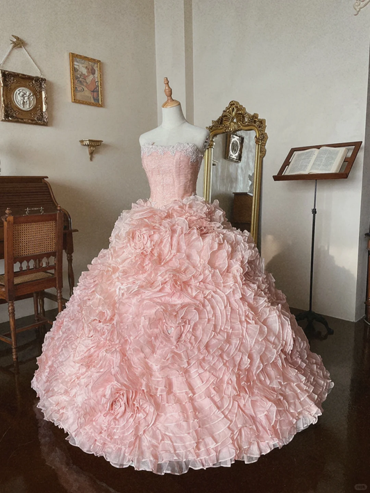 Sweety Light Pink Ball Gown Floral Tulle Prom Dress 16th Birthday Dress DP5019