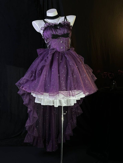 Vintage Purple Princess Tulle Hi-Low Ruffles Prom Dress Shiny Party Dress DP479