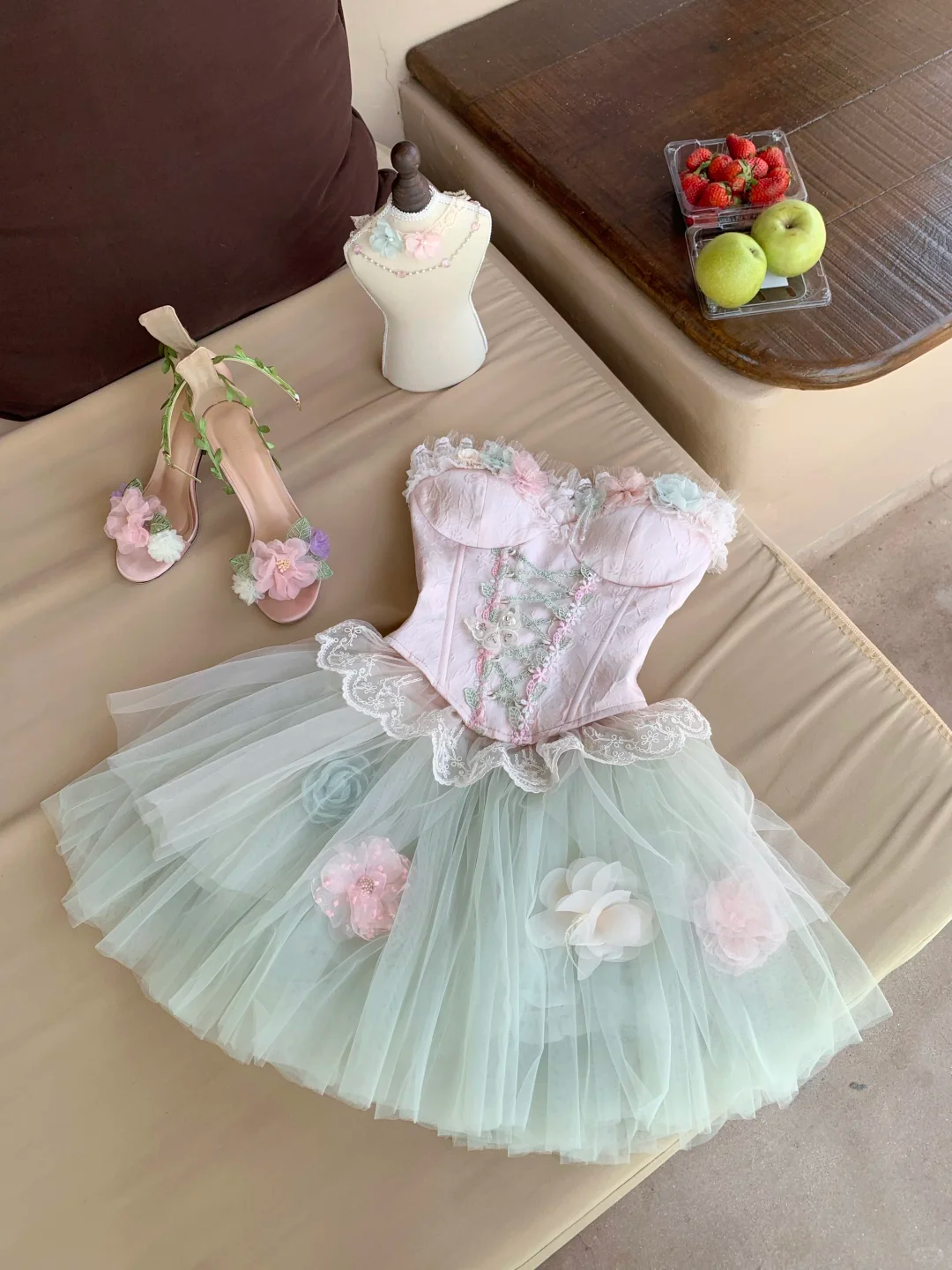Sweety A Line Strapless Floral Tulle Short Prom Dress Homecoming Dress DP6392