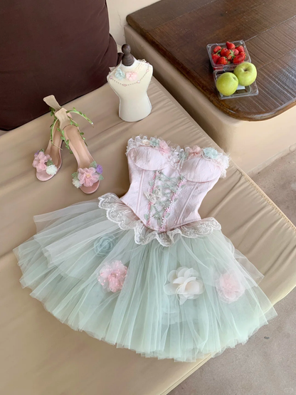 Sweety A Line Strapless Floral Tulle Short Prom Dress Homecoming Dress DP6392