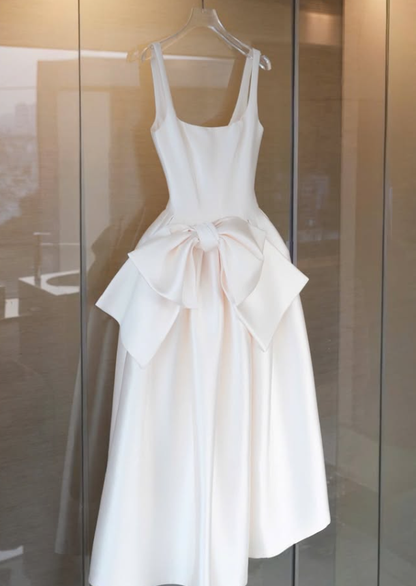 Elegant A Line Strap Exquisite Bow Knot White Satin Prom Dress Evening Dress DP7919
