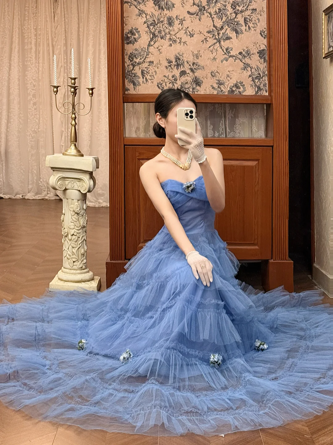 Vintage Blue A Line Strapless Layered Tulle Long Prom Dress Evening Dress DP5615