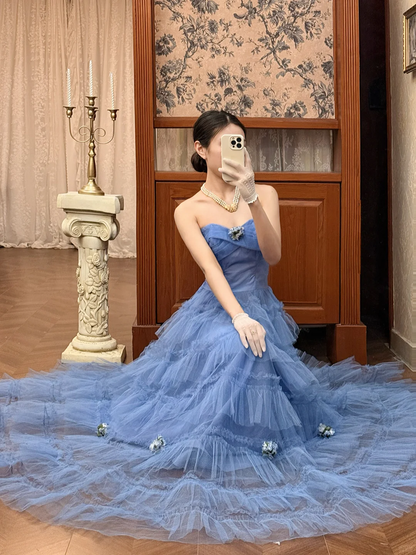 Vintage Blue A Line Strapless Layered Tulle Long Prom Dress Evening Dress DP5615