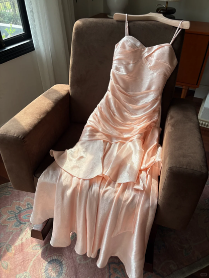 Pink Mermaid Spaghetti Strap Layered Satin Party Dress Wedding Guest Dress DP2586