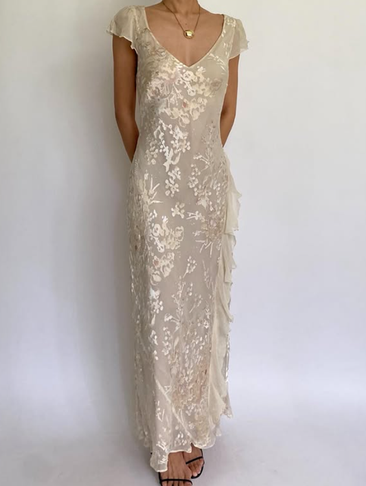 Vintage Apricot Sheath V Neck Print Floral Chiffon Prom Dress Party Dress DP3689