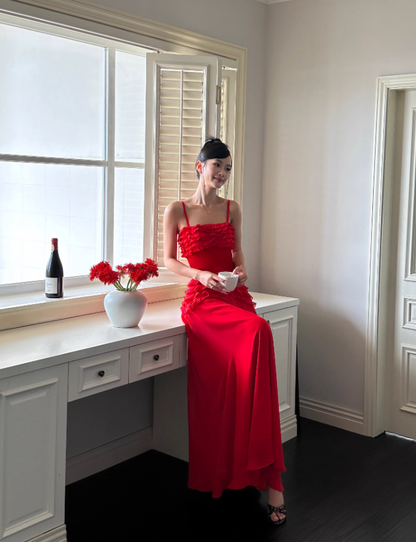 Charming Red A Line Spaghetti Strap Chiffon Prom Dress Date Dress Outfits DP3457