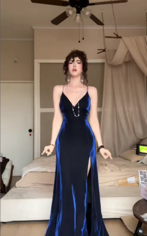 Navy Blue Mermaid Spaghetti Strap Velvet Prom Dress with Slit DP4363