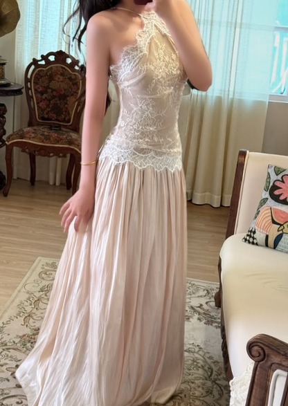 Romantic A Line Halter Apricot Lace Satin Prom Dress Evening Dress DP7924