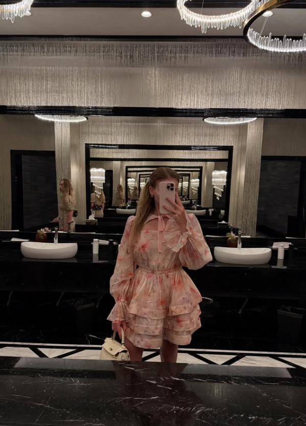 Pink Print Floral A Line Long Sleeve Chiffon Homecoming Dress Vacation Dress Outfits DP3493