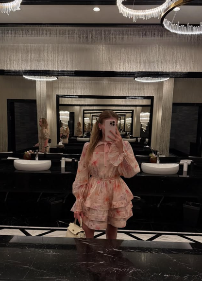 Pink Print Floral A Line Long Sleeve Chiffon Homecoming Dress Vacation Dress Outfits DP3493