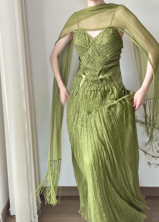 Retro Green Mermaid Spaghetti Strap Beaded Pleated Chiffon Long Prom Dress Evening Dress DP3350