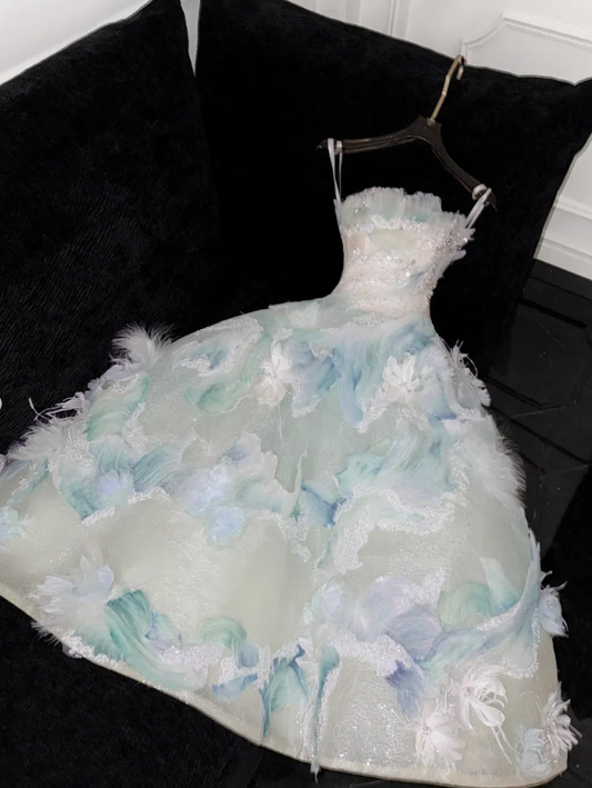 Romantic A Line Strapless Blue Appliques Tulle Prom Dress Evening Dress DP2779