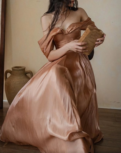 Stunning Light Brown A Line Off the Shoulder Satin Long Prom Dress Party Dress Outfits DP4524