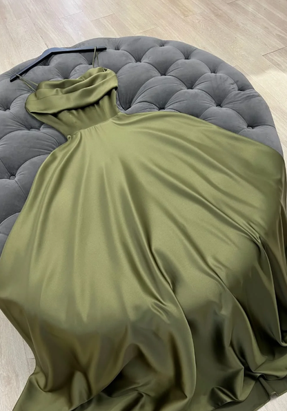 Gentle Olive Green A Line Pleated Satin Prom Dress Evening Dress DP5258