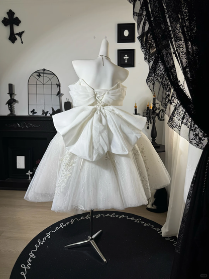 Stunning Ball Gown Off the Shoulder Exquisite Beaded White Tulle Short Prom Dress DP6988
