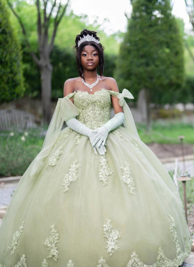 Light Green Princess Ball Gown Appliques Tulle Long Prom Dress 16th Birthday Dress DP5060
