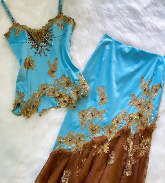 Vintage Mermaid Spaghetti Straps Beaded Lace Blue Satin Evening Dress DP1554