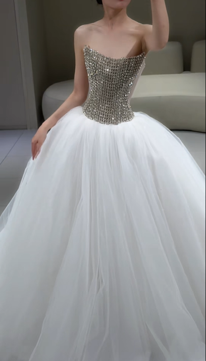 Shiny A Line Strapless Rhinestone White Tulle Long Wedding Dress DP4808
