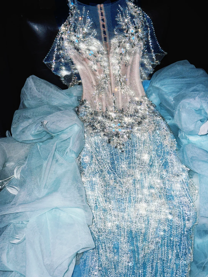 Dreamy Sheath Sequin Beaded Baby Blue Tulle Long Sweep Prom Dress Evening Dress DP2694