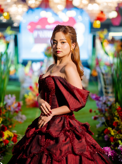 Burgundy Ball Gown Off the Shoulder Layered Beaded Satin 16th Birthday Dress Quinceanera Dress DP4438