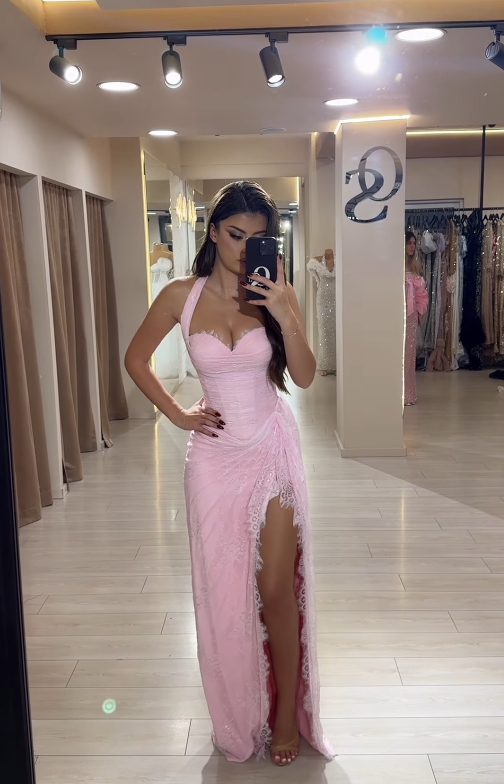 Elegant Pink Sheath Halter Lace Long Prom Dress Evening Dress with Slit DP4394