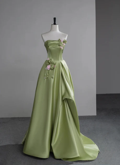 Green A-line Satin With Flowers Long Evening Dress Prom Dress DP603