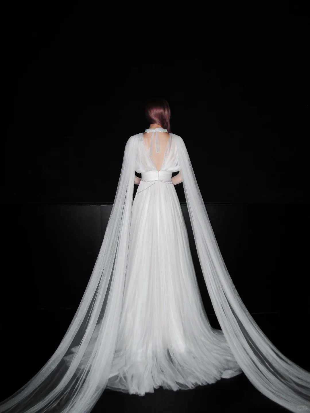 Flowy White Tulle A Line Long Sleeve High Neck Wedding Dress DP5788