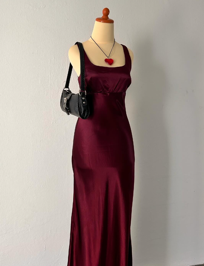 Vintage Mermaid Straps Burgundy Satin Long Prom Dress Evening Dress DP1367