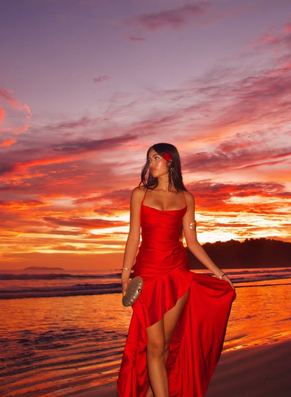 Red Mermaid Spaghetti Strap Ruffle Satin Open Back Prom Dress Vacation Dress with Slit DP3989