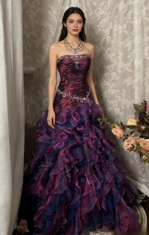 Vintage Grape A Line Strapless Appliques Ruffle Organza Long Prom Dress DP5040