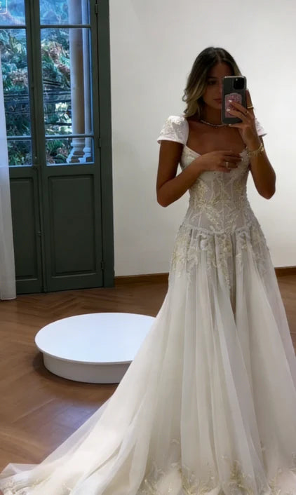 Baby Blue A Line Exquisite Beaded Tulle Prom Dress Wedding Guest Dress DP5741